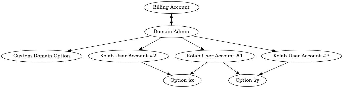 digraph {
        "Billing Account" -> "Domain Admin" [dir=both];
        "Domain Admin" -> "Custom Domain Option";
        "Domain Admin" -> "Kolab User Account #1", "Kolab User Account #2", "Kolab User Account #3";
        "Kolab User Account #1" -> "Option $x", "Option $y";
        "Kolab User Account #2" -> "Option $x";
        "Kolab User Account #3" -> "Option $y";
    }