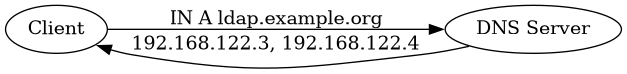 digraph {
        rankdir=LR;
        "Client" -> "DNS Server" [label="IN A ldap.example.org"];
        "DNS Server" -> "Client" [label="192.168.122.3, 192.168.122.4"];
    }
